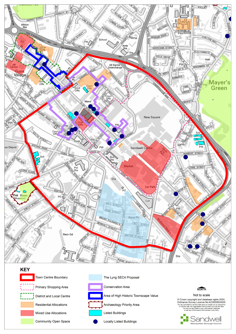 Map of West Bromwich Town Centre marked with: Town Centre Boundary, Conservation Area, Retail Core/Primary Shopping Area, Archaeology Priority Area, Residential Allocation, Community Open Space, Listed Buildings, Locally Listed Buildings