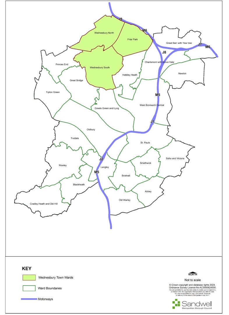 Map highlighting Wednesbury Town Wards: Wednesbury North & South, Friar Park