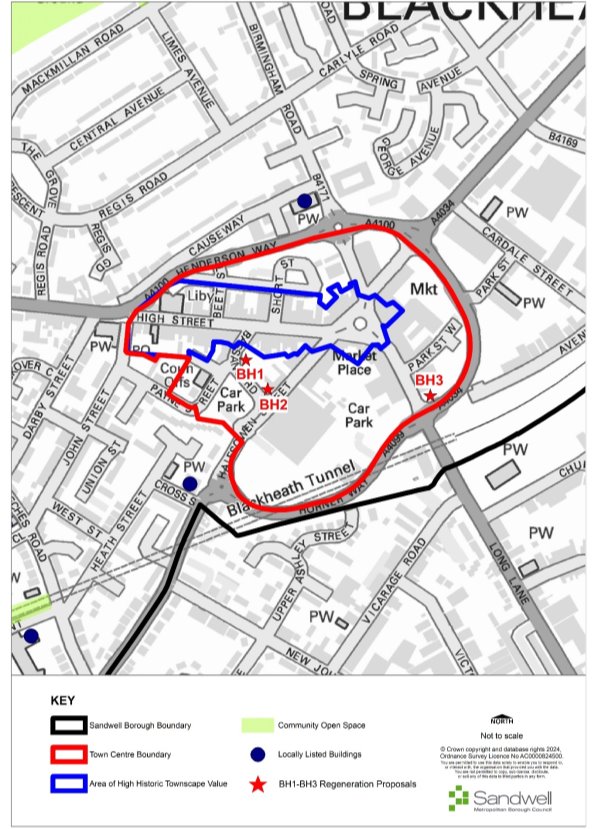 Map marked with the Sandwell Borough Boundary, Town Centre Boundary, Area of High Historic Townscape Value, Community Open Space, Locally Listed Buildings, BH1-BH3 Regeneration Proposals. 