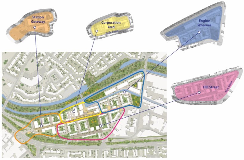 Map highlighting Station Gateway, Corporation Yard, Engine Wharves, Hill Street.