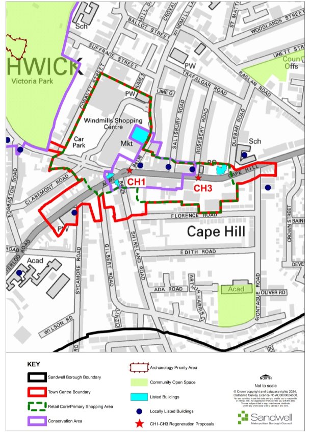 Map of Cape Hill marked with: Sandwell Borough Boundary, Town Centre Boundary, Retail Core/Primary Shopping Area, Conservation Area, Archaeology Priority Area, Community Open Space, Listed Buildings, Locally Listed Buildings, CH1-CH3 Regeneration Proposals. 