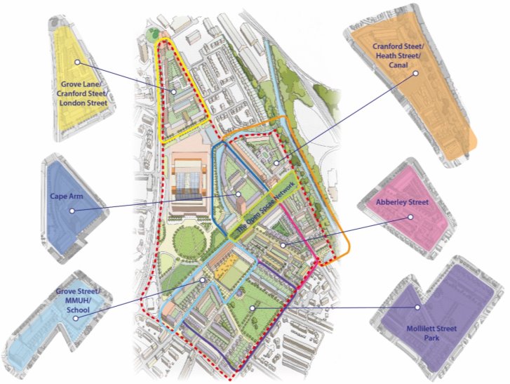 Map highlighting: Grove Lane/Cranford Street/London Street, Cape Arm, Grove Street/MMUH/School, Mollilett Street Park, Abberley Street, Cranford Street/Health Street/Canal