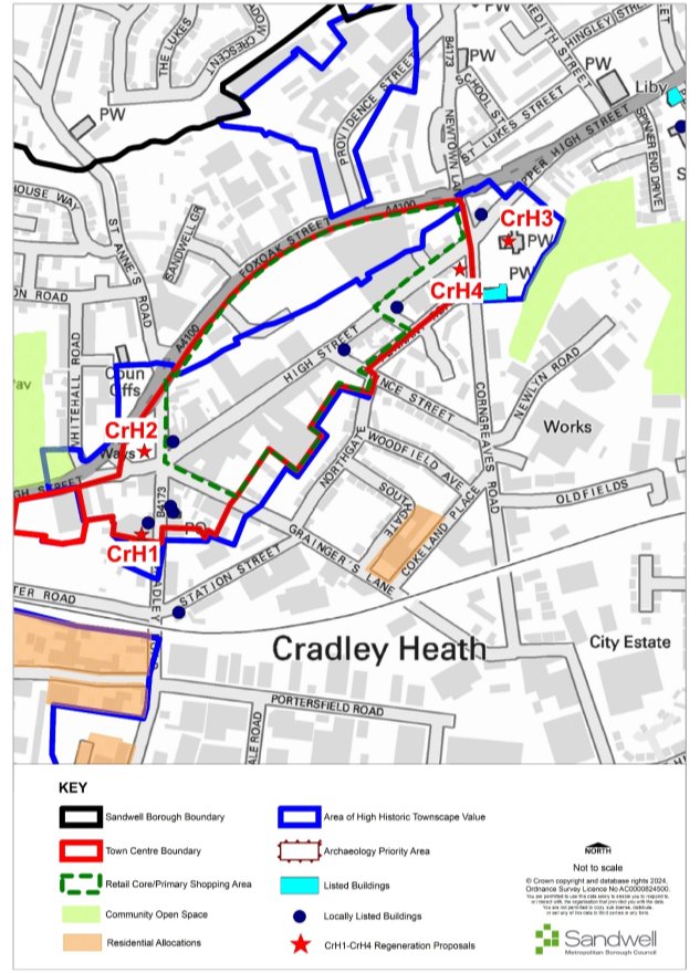 Map of Cradley Heath: Sandwell Borough Boundary, Town Centre Boundary, Retail Core/Primary Shopping Area, Community Open Space, Residential Allocations, Area of High Historic Townscape Value, Archaeology Priority Area, Listed Buildings, Locally Listed Buildings, CrH1-CrH4 Regeneration Proposals