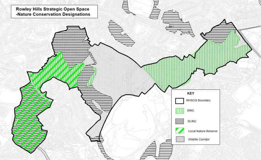 Rowley Hills – Ecological and Nature Conservation Designations Map. The map shows the open space and nature conservation designations.