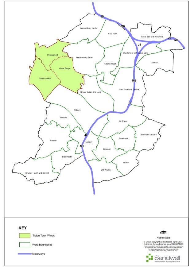 Map of Great Bridge, Tipton Town Wards highlighted in green: Princes End, Great Bridge, Tipton Green.