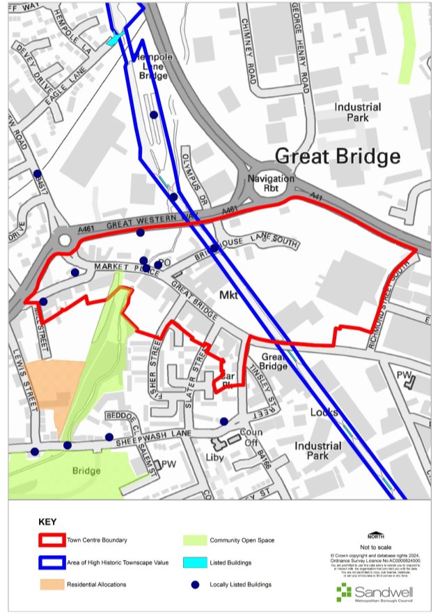 Map of Great Bridge Town Centre: Town Centre Boundary, Area of High Historic Townscape Value, Residential Allocations, Community Open Space, Listed Buildings, Locally Listed Buildings