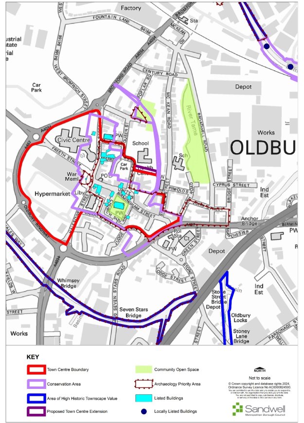 Map of Oldbury: Town Centre Boundary, Conservation Area, Area of High Historic Townscape Value, Proposed Town Centre Extension, Community Open Space, Archaeology Priority Area, Listed Buildings, Locally Listed Buildings.