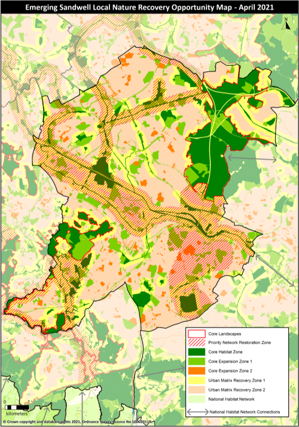 Emerging Sandwell Local Nature Recovery Opportunities Map - April 2021. The map shows on a borough basis - Core Landscapes, Priority Network Restoration Zone, Core Habitat Zone, Core Expansion Zone 1, Core Expansion Zone 2, Urban Matrix Recovery Zone 1, Recovery Zone 2 and National Habitat Network.