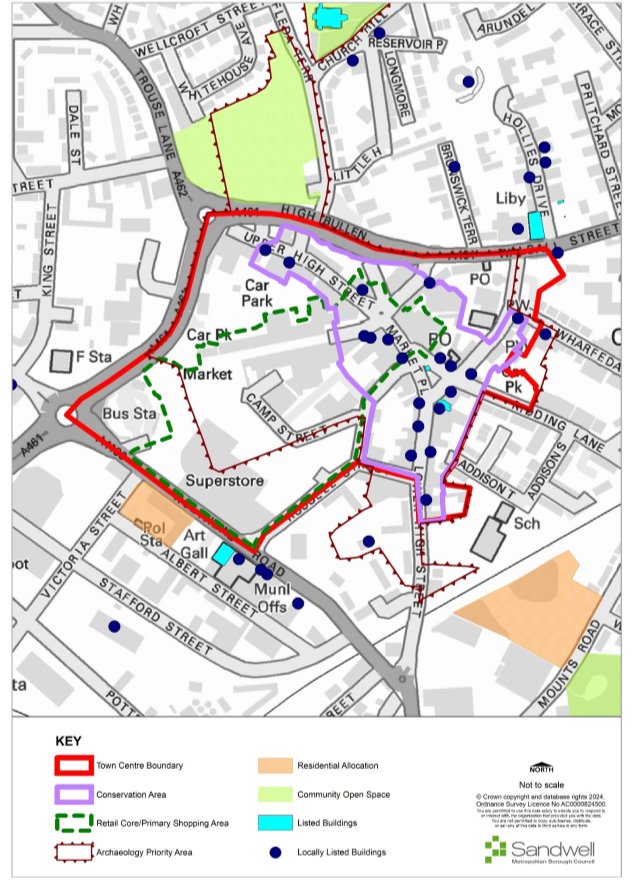 Map of Wednesbury Town Centre: Town Centre Boundary, Conservation Area, Retail Core/Primary Shopping Area, Archaeology Priority Area, Residential Allocations, Community Open Space, Listed Buildings, Locally Listed Buildings