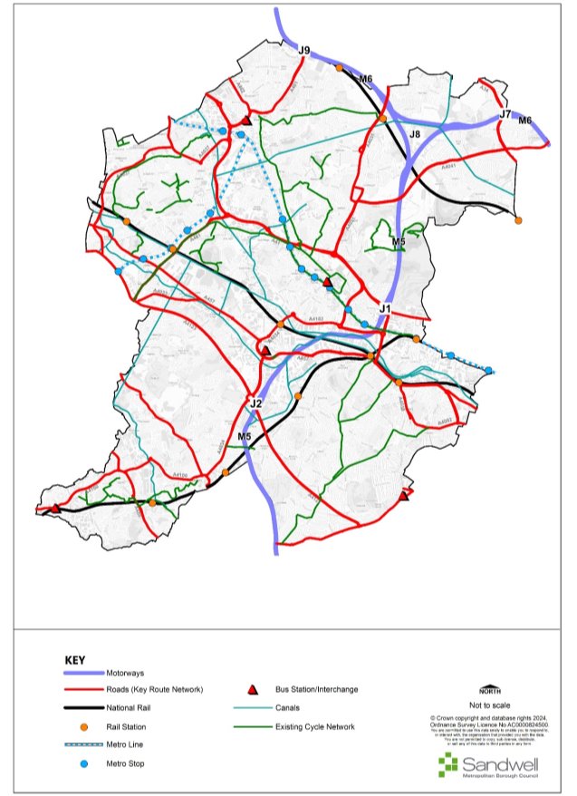 Map showing all existiing Motorways, (Key Route Network) Roads, National Rail, Rail Station, Metro line, metro stops, Bus Stations/Interchanges, Canals, Existing Cycle Network