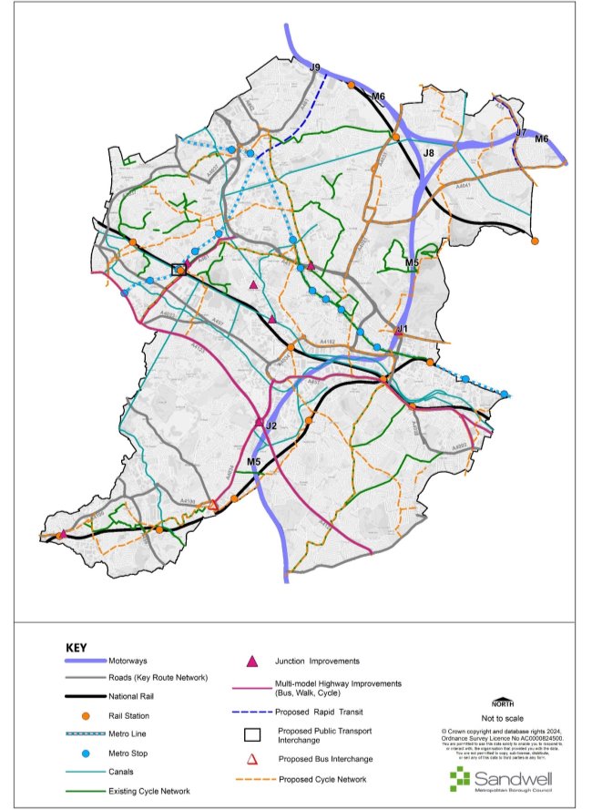 Map showing Motorways, Roads, national rail, rail station, metro line, metro stop, canals, existing cycle networks, junction improvements, multi-mode Highway Improvements, Proposed Rapid Transit, Proposed Public Transport Interchange, Proposed Bus Interchange, Proposed Cycle Network