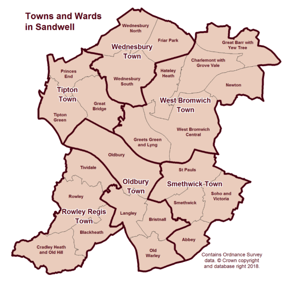 Sandwell Map showing towns and ward boundaries.