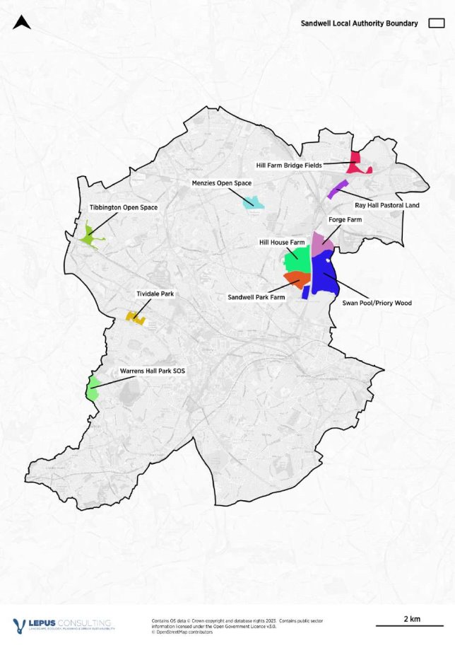 Map showing location of high and medium value sites for BNG. Tibbington Open Space - Tipton, Tividale Park, Oldbury, Warrens Hall SOS, Rowley Regis, Ray Hall Pastoral Land, Great Barr, Hill Farm Bridge Fields, Great Barr and (Hill House Farm, Forge Farm, Sandwell Park Farm and Swan Pool/Priory Wood) Sandwell Valley.