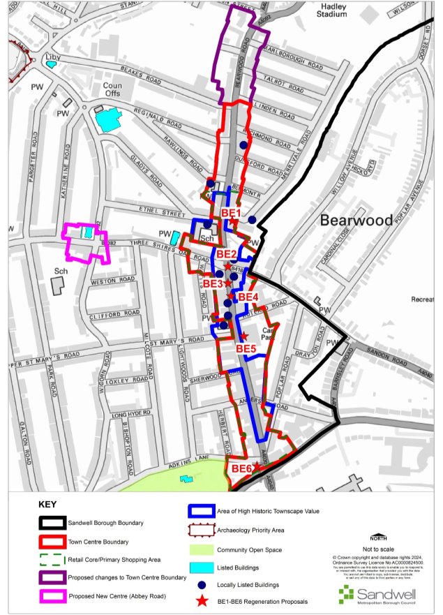 Map marked with Sandwell Borough Boundary, Town Centre Boundary, Retail Core/Primary Shopping Area, Proposed changes to Town Centre Boundary, Proposed New Centre (Abbey Road), Area of High Historic Townscape Value, Archaeology Priority Area, Community Open Space, Listed Buildings, Locally Listed Buildings, and BE1-BE6 Regeneration Proposals. 