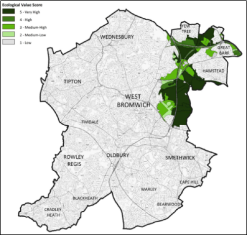 Figure from the Ecological Evaluation of the Black Country Green Belt report (EcoRecord, 2019) showing the Ecological Value Score of Sandwell's Green Belt land.