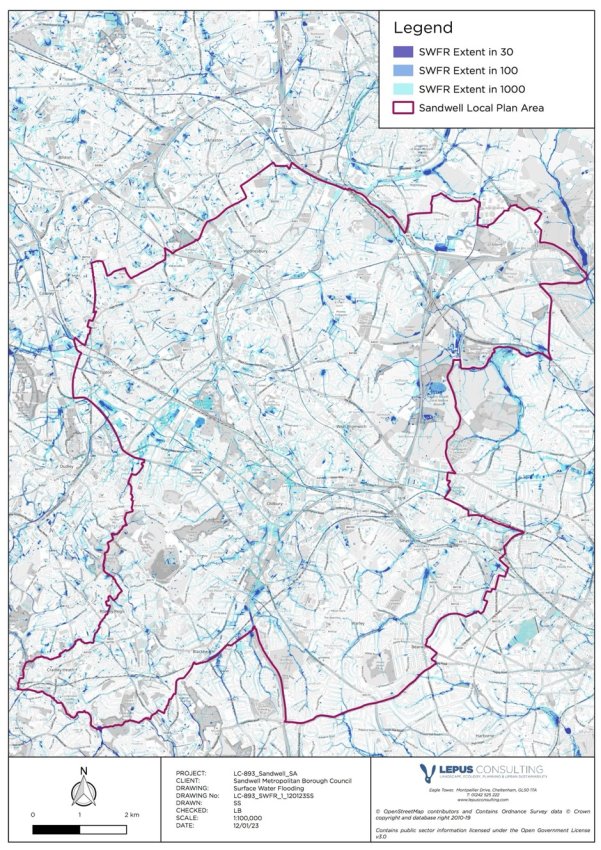 Map showing the extent of Surface Water Flood Risk in and around the SLP area 