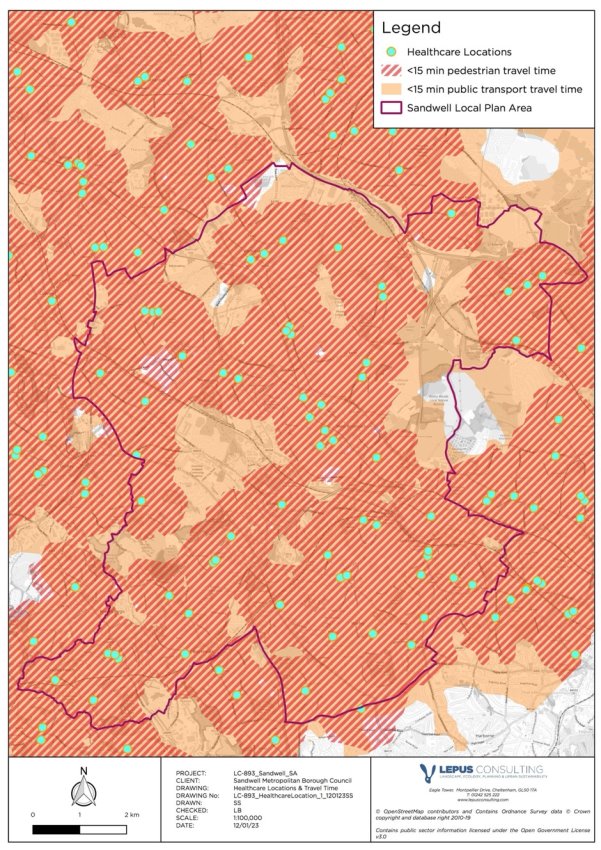 Map showing the location of healthcare facilities and modelled travel time across the SLP area 