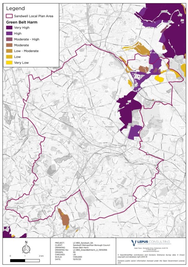 Map showing the Green Belt Harm Rating in and around the SLP area as identified in the Green Belt Study (LUC, 2019)