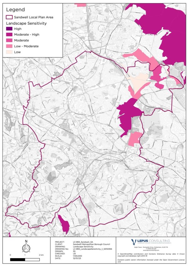 Map showing the Landscape Sensitivity Rating in and around the SLP area as identified in the Landscape Sensitivity Study (LUC, 2019)