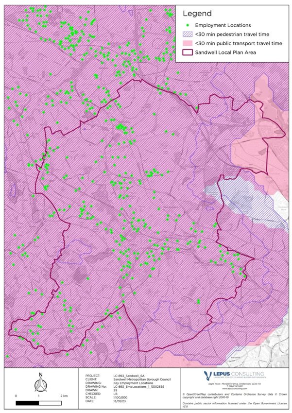 Map showing key employment Locations and modelled travel time across the SLP area 