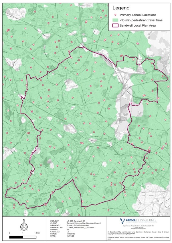 Map showing the location of primary schools and modelled travel time across the SLP area 