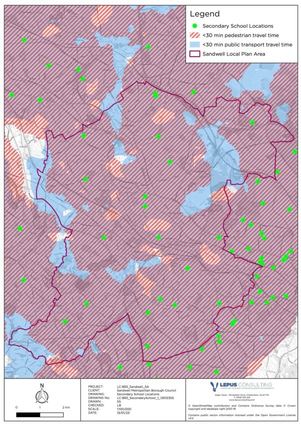 Map showing the location of secondary schools and modelled travel time across the SLP area 