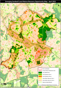 Map showing land recovery and conservation zones in Sandwell, April 2021. Dark green indicates protected green spaces, light green shows areas of natural interest, orange and yellow denote various levels of land recovery opportunities, and pink marks other land uses.