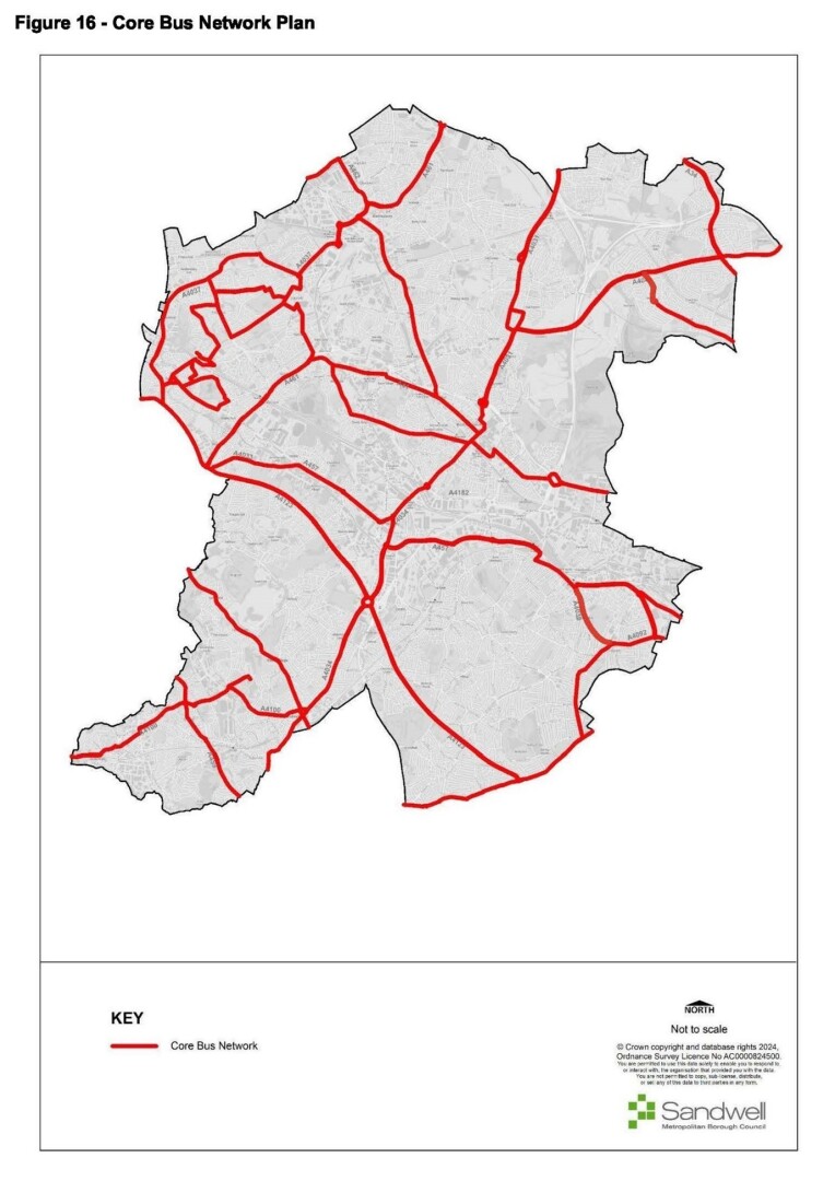 Map showing the core bus network in grey outline with red lines indicating bus routes, covering the metropolitan area with multiple routes radiating and connecting across different districts.