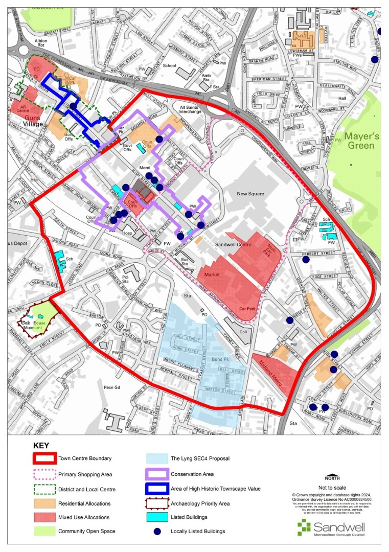 Map of Sandwell town centre with boundary, key areas, and points of interest.   Town centre boundary outlined in red, with mixed use and residential allocations in red and orange.   Conservation area marked in purple, with blue lines indicating listed buildings.   Proposed development areas in light blue, community open space in light green, and primary shopping area with dotted pink lines.   Public facilities such as schools, bus and train stations, and museum are also marked.