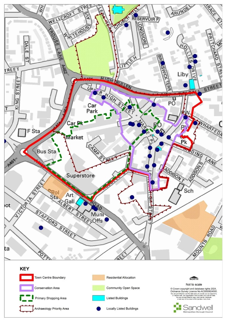 A detailed town map showing the town centre boundary outlined in red, with conservation area boundaries in purple, and primary shopping area boundaries in green dashed lines. It highlights community open spaces in light green, listed buildings in cyan, and locally listed buildings as blue dots. Major roads and streets are labelled, and notable points include car parks, bus stops, a supermarket, and an archaeological priority area.
