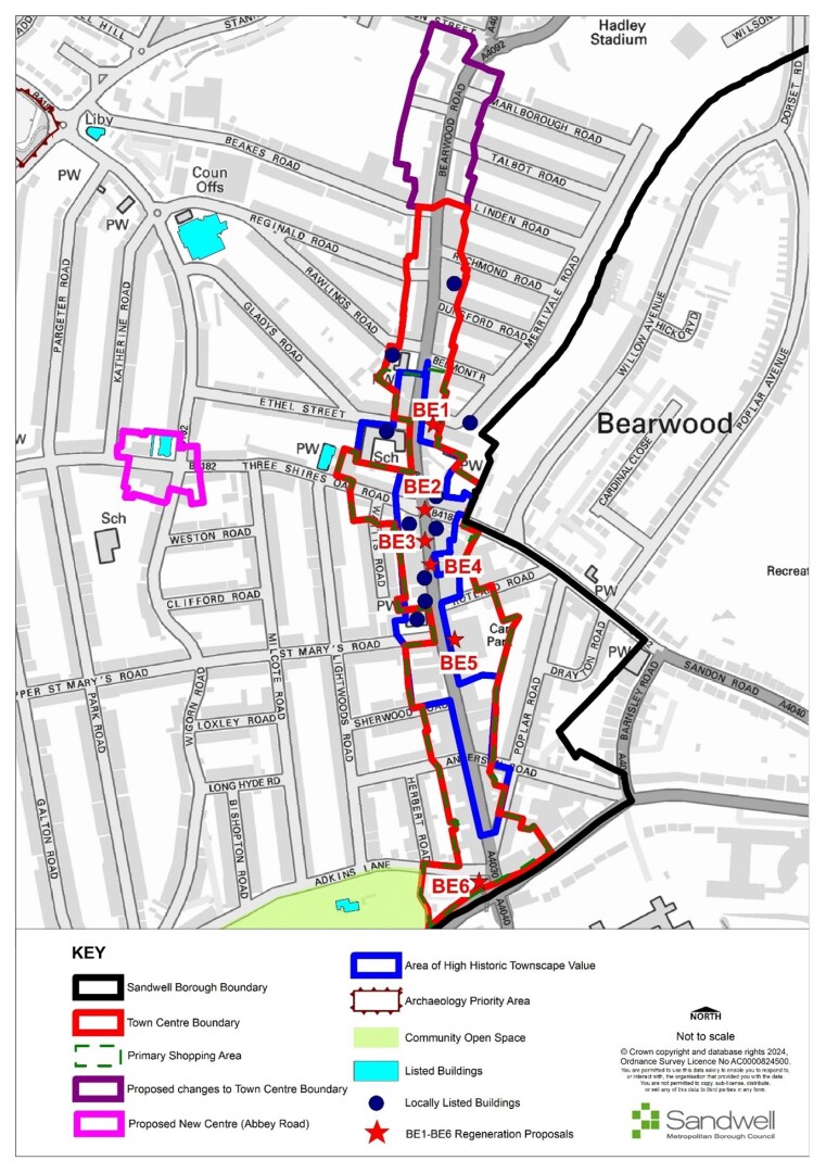 Map of Sandwell with boundaries, key sites, and proposed regeneration and development areas, including high historic townscape, archaeology priority zone, community open spaces, and listed buildings.