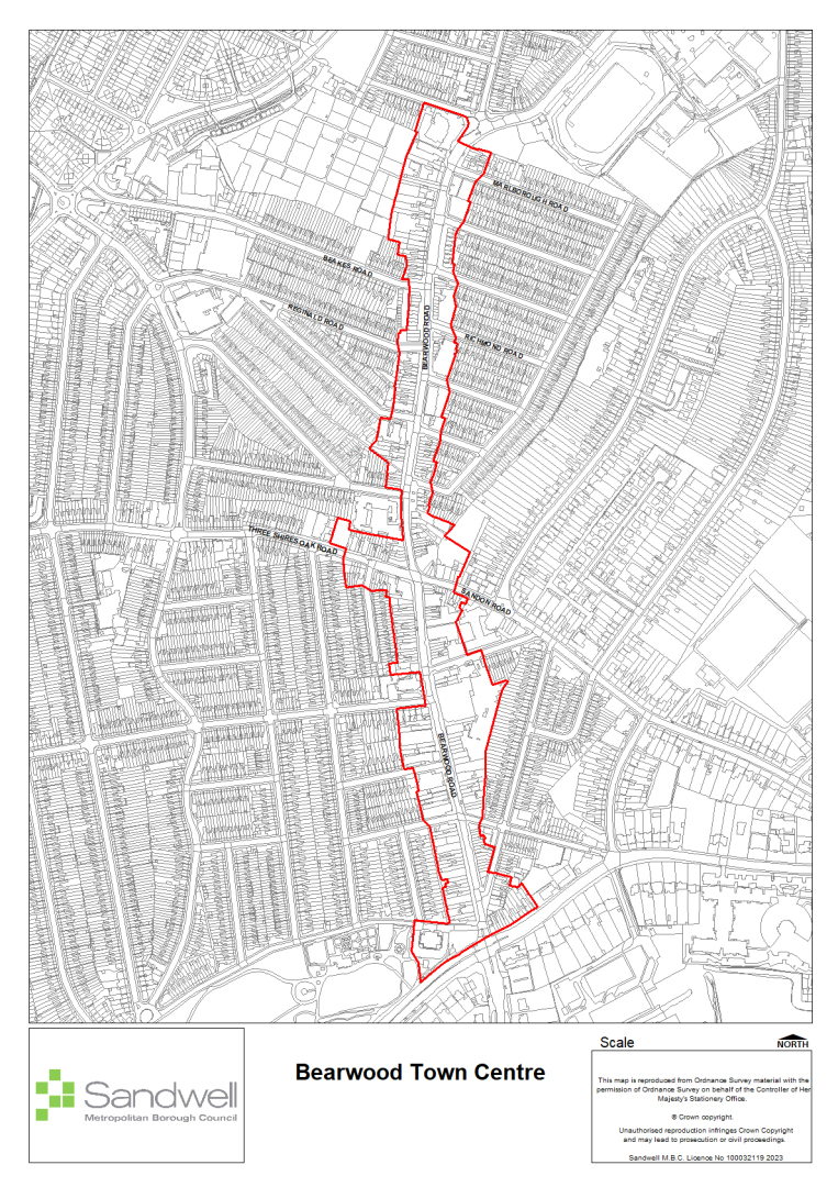 Bearwood Town Centre marked in red lines on a black and white map