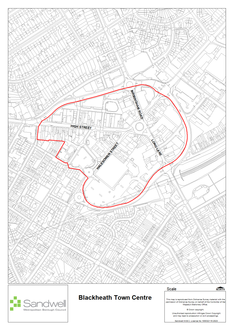 Blackheath Town Centre marked in red lines on a black and white map