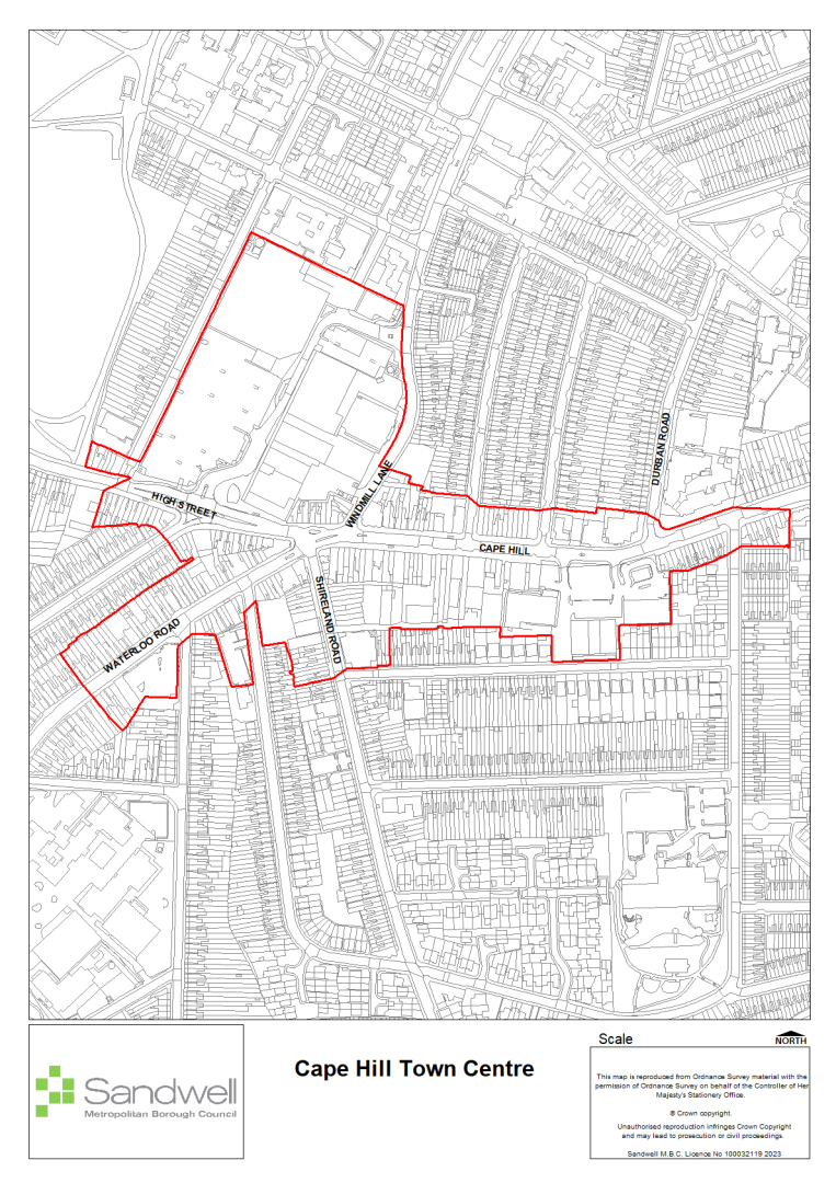 Cape Hill Town Centre marked in red lines on a black and white map