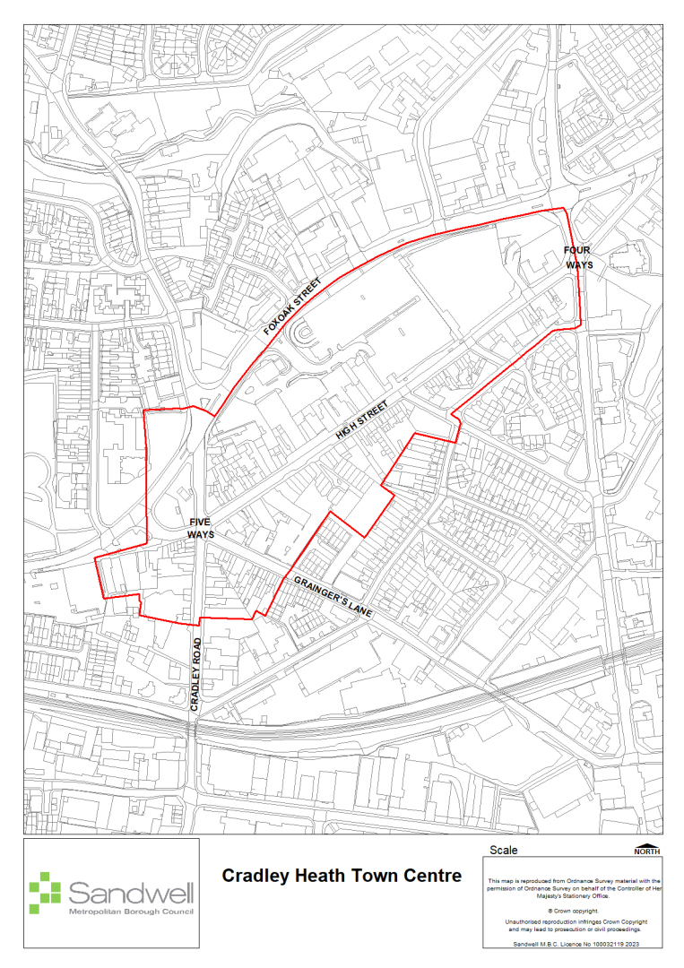 Cradley Heath Town Centre marked in red lines on a black and white map