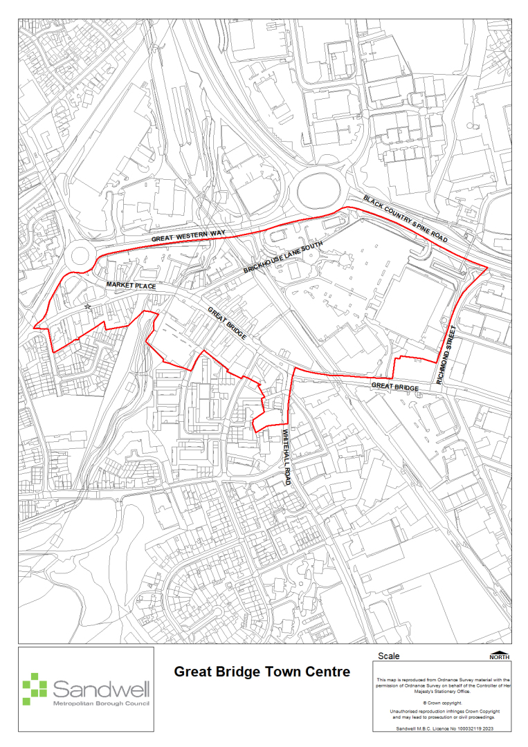 Great Bridge Town Centre marked in red lines on a black and white map