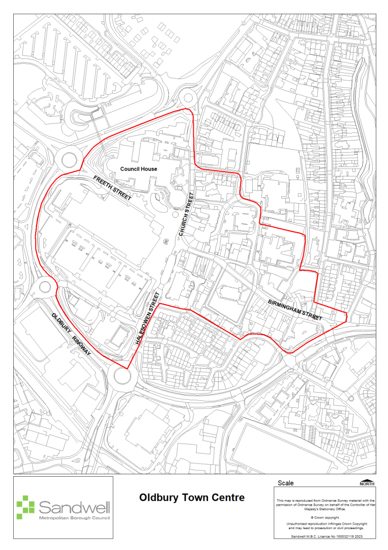 Oldbury Town Centre marked in red lines on a black and white map