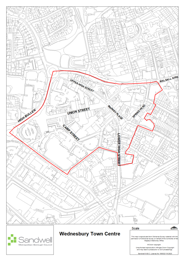 Wednesbury Town Centre marked in red lines on a black and white map