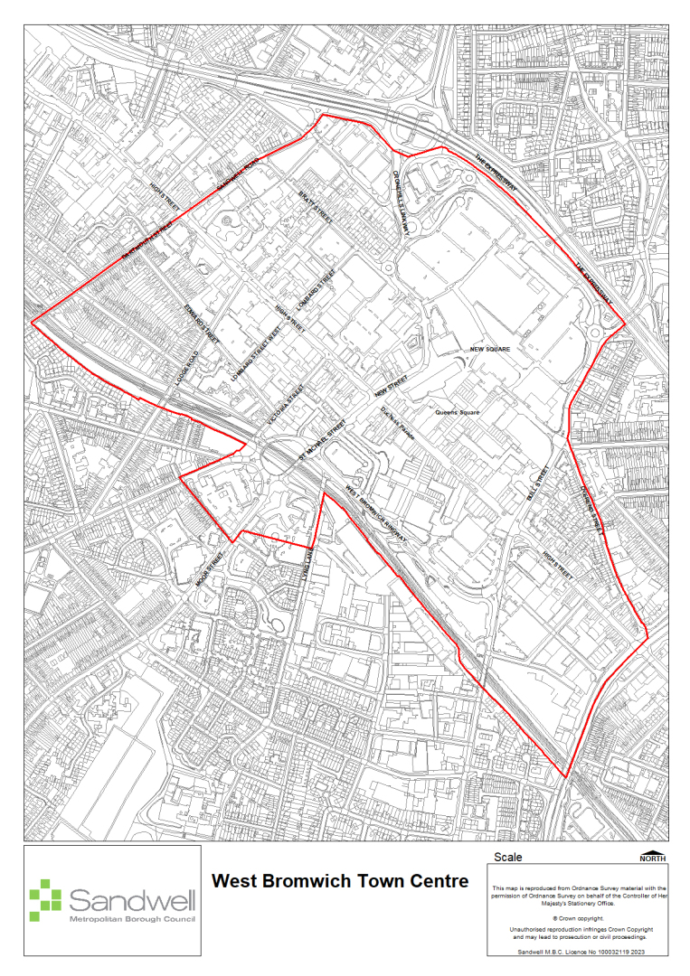 West Bromwich Town Centre marked in red lines on a black and white map