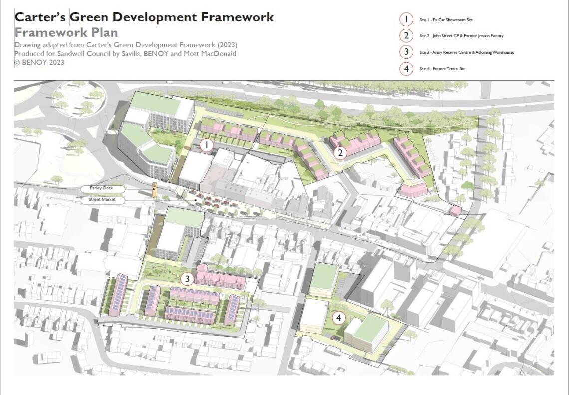 Map of Carters Green Development Network, indicating location of: Site 1 - Ex Car Showroom Site, Site 2 - John Street CP & Former Jenson Factory, Site 3 - Army Reserve Centre & Adjoining Warehouses, Site 4 - Former Tentec Site