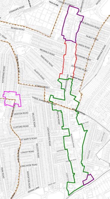 Bearwood Town Centre Map, showing  centre boundary.