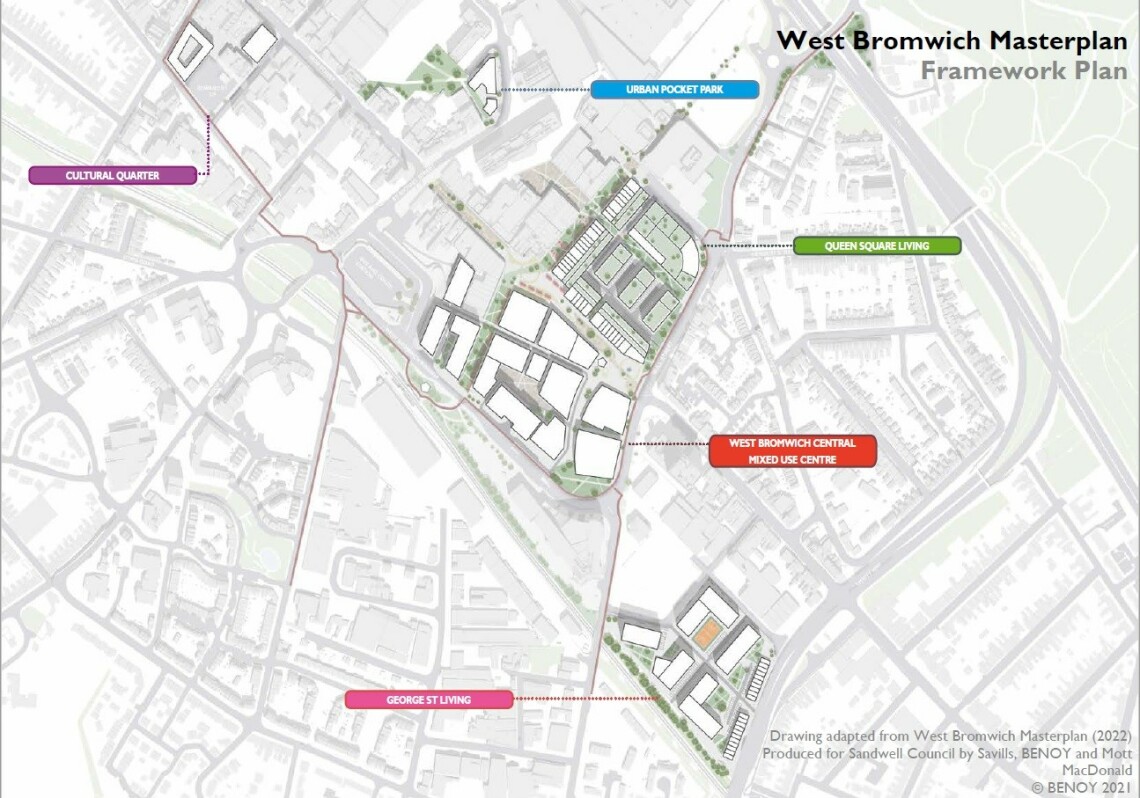 Map of West Bromwich indicating the location of: West Bromwich Central Mixed Use Centre, Queen Square Living, Urban Pocket Park, Cultural Quarter and George St Living