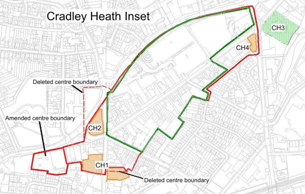 Cradley Heath town centre map, showing town centre boundary.