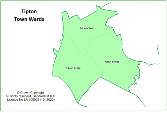 Tipton Town Wards Map, showing ward boundaries.