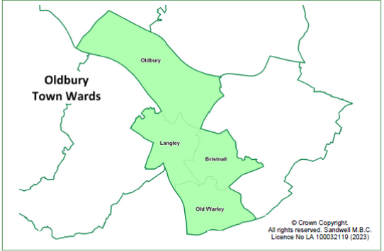 Oldbury Town Wards Map, showing ward boundaries.
