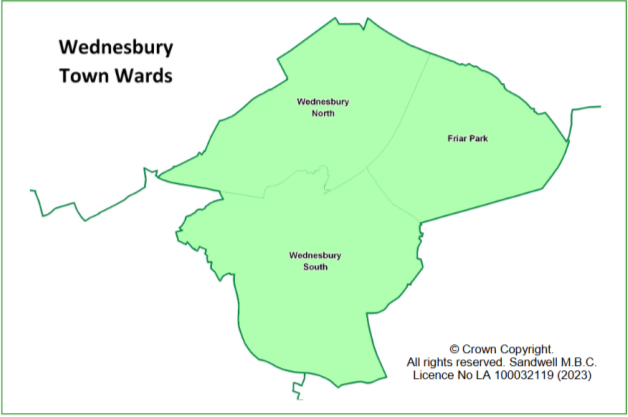 Wednesbury Town Wards Map, showing ward boundaries.