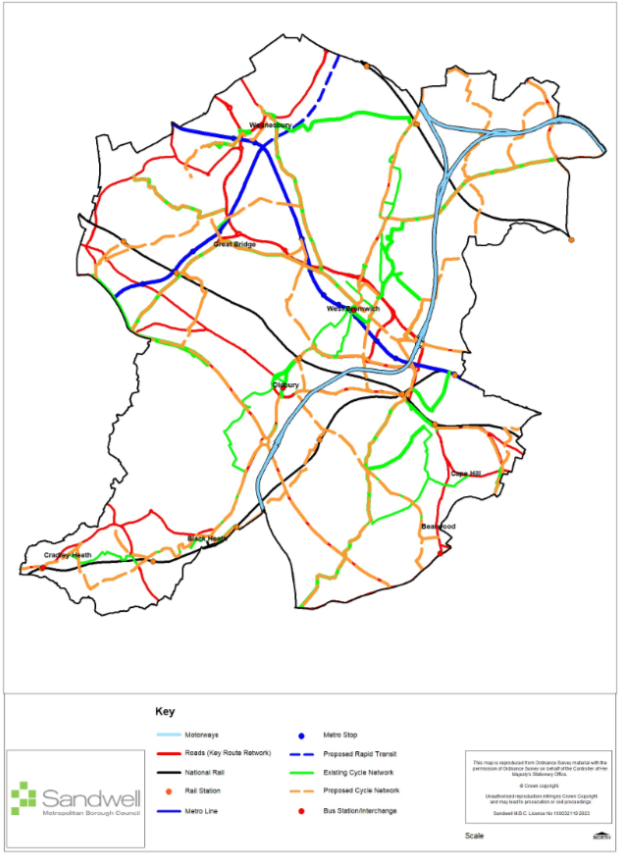 Sandwell Map, showing key transport infrastructure (Motorway, Key Route Network, National Rail Lines and stations, Metro lines and stations, existing and proposed cycle routes).