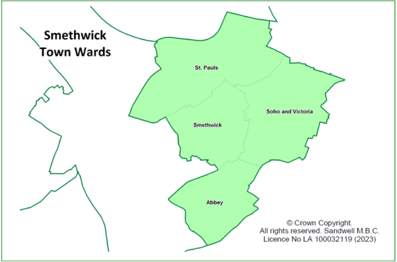 Smethwick Town Wards Map, showing ward boundaries.