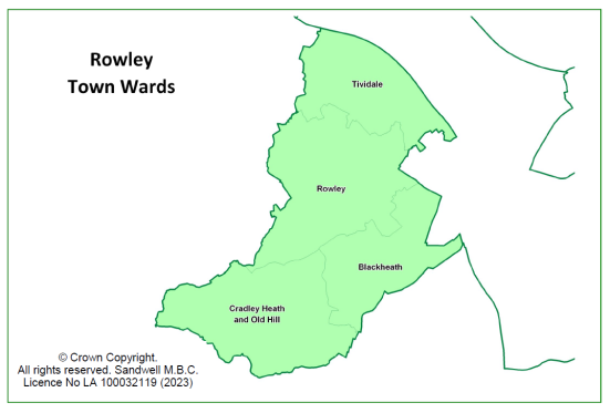 Rowley Town Wards Map, showing ward boundaries.